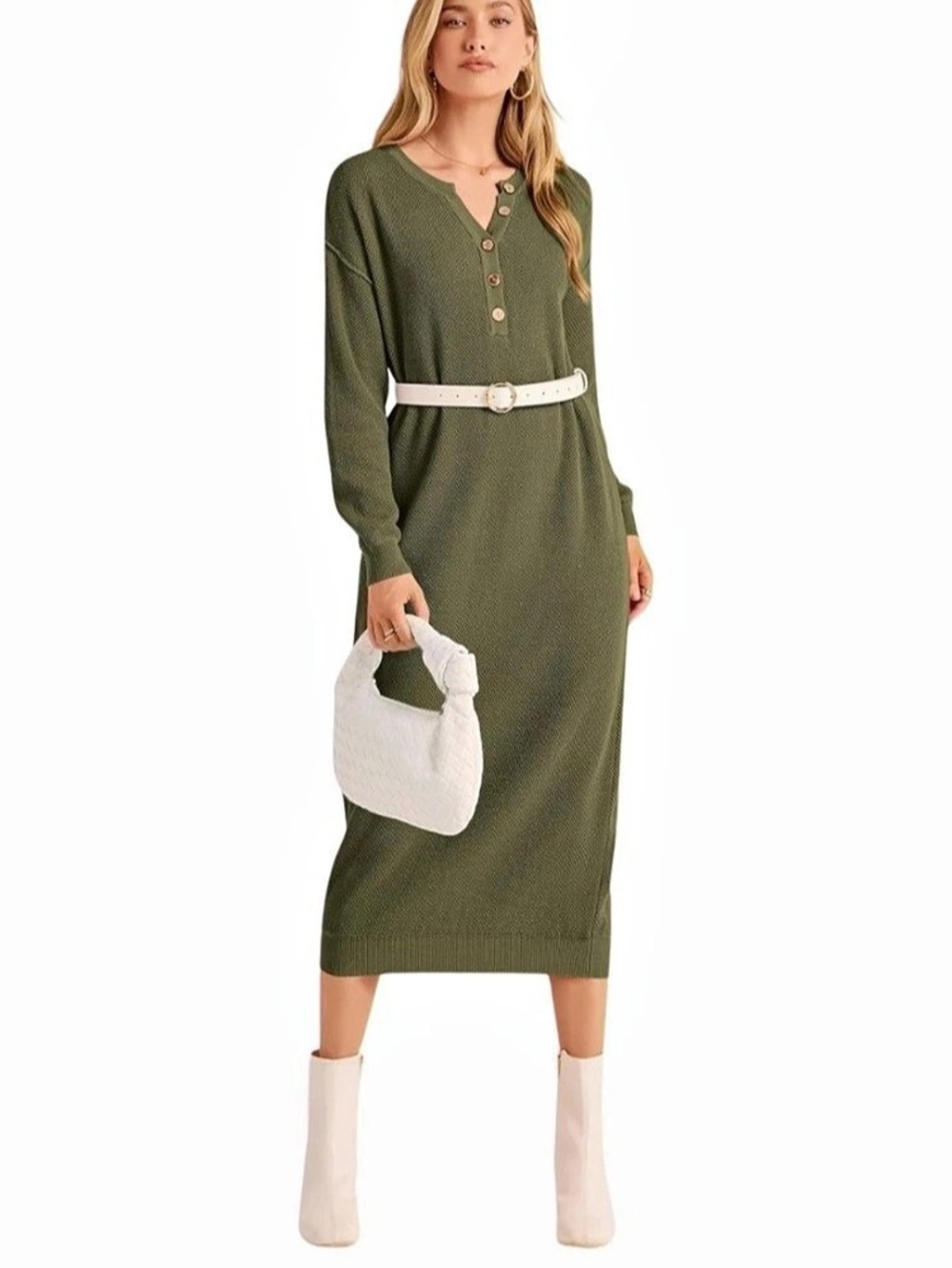 NWOT Pretty Garden Olive Green Midi Sweater Dress - Size Medium